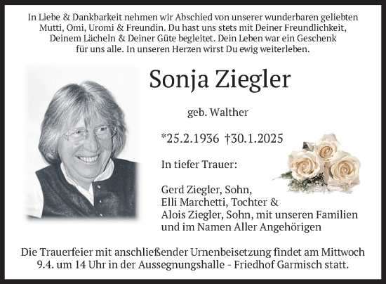 Todesanzeige von Sonja Ziegler von merkurtz