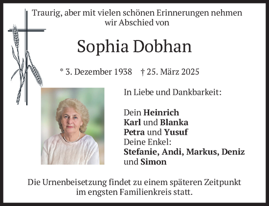 Todesanzeige von Sophia Dobhan von merkurtz