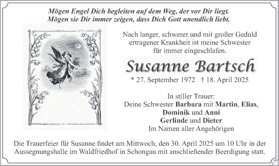 Todesanzeige von Susanne Bartsch von merkurtz