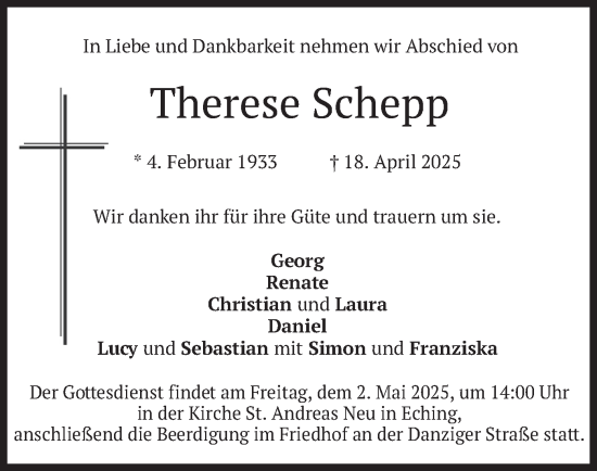 Todesanzeige von Therese Schepp von merkurtz