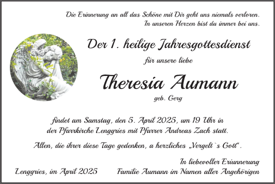 Todesanzeige von Theresia Aumann von merkurtz