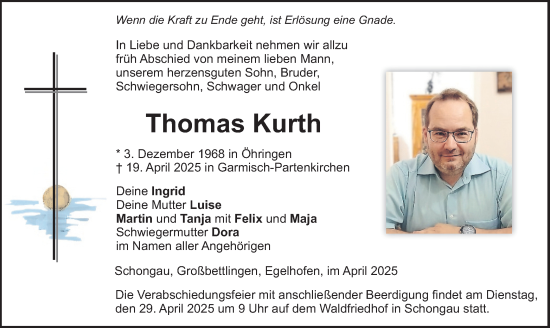 Todesanzeige von Thomas Kurth von merkurtz