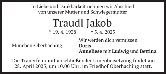 Todesanzeige von Traudl Jakob von merkurtz