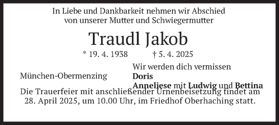 Todesanzeige von Traudl Jakob von merkurtz