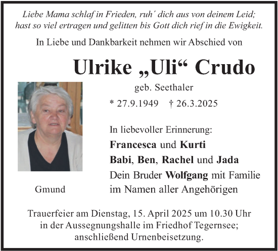Todesanzeige von Ulrike Crudo von merkurtz