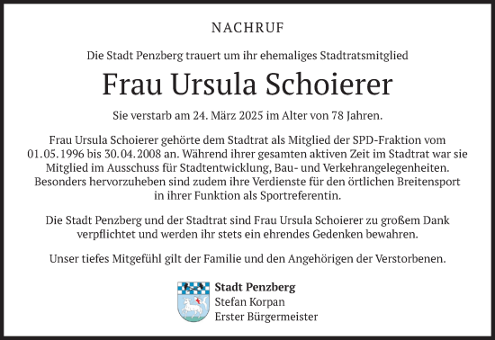 Todesanzeige von Ursula Schoierer von Das Gelbe Blatt Penzberg