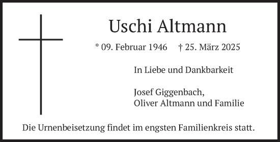 Todesanzeige von Uschi Altmann von merkurtz