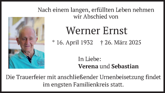 Todesanzeige von Werner Ernst von merkurtz