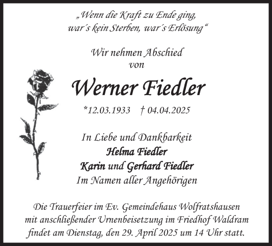 Todesanzeige von Werner Fiedler von merkurtz