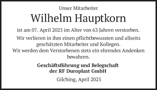 Todesanzeige von Wilhelm Hauptkorn von merkurtz