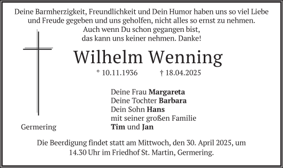 Todesanzeige von Wilhelm Wenning von merkurtz