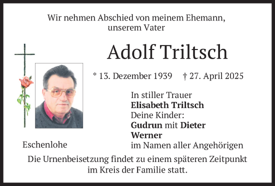 Todesanzeige von Adolf Triltsch von merkurtz