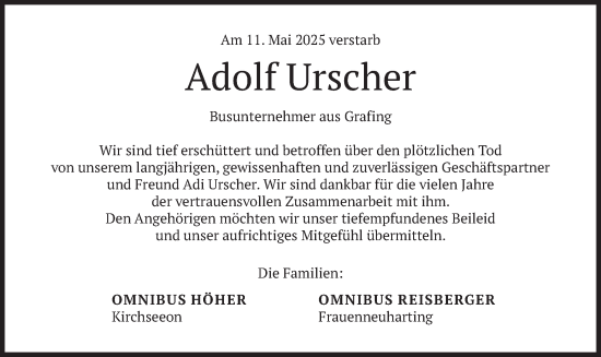 Todesanzeige von Adolf Urscher von merkurtz