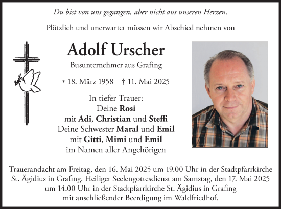 Todesanzeige von Adolf Urscher von merkurtz