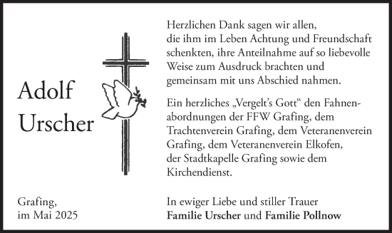 Todesanzeige von Adolf Urscher von merkurtz