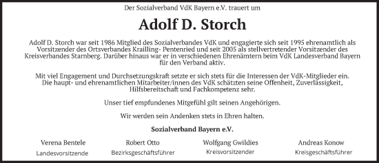 Todesanzeige von Adolf D. Storch von merkurtz
