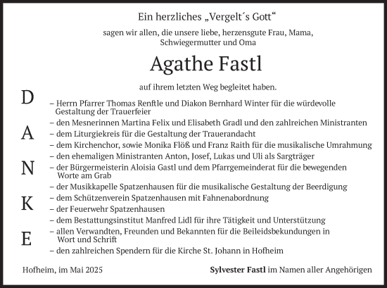 Todesanzeige von Agathe Fastl von merkurtz