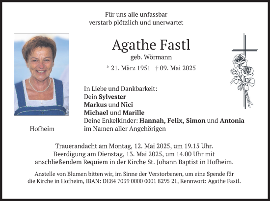 Todesanzeige von Agathe Fastl von merkurtz