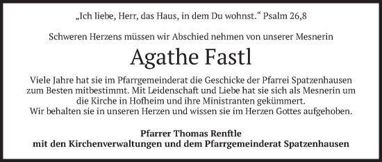 Todesanzeige von Agathe Fastl von merkurtz