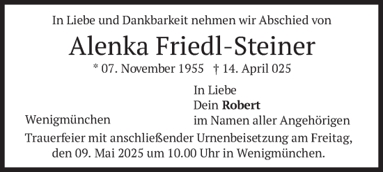 Todesanzeige von Alenka Friedl-Steiner von merkurtz