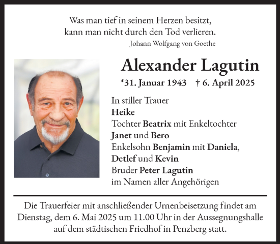 Todesanzeige von Alexander Lagutin von Das Gelbe Blatt Penzberg