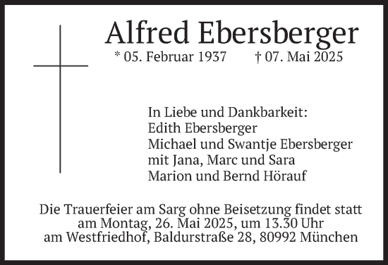 Todesanzeige von Alfred Ebersberger von merkurtz