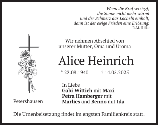 Todesanzeige von Alice Heinrich von merkurtz