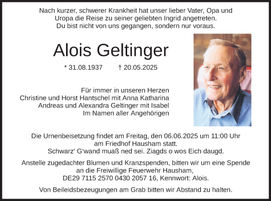 Todesanzeige von Alois Geltinger von merkurtz