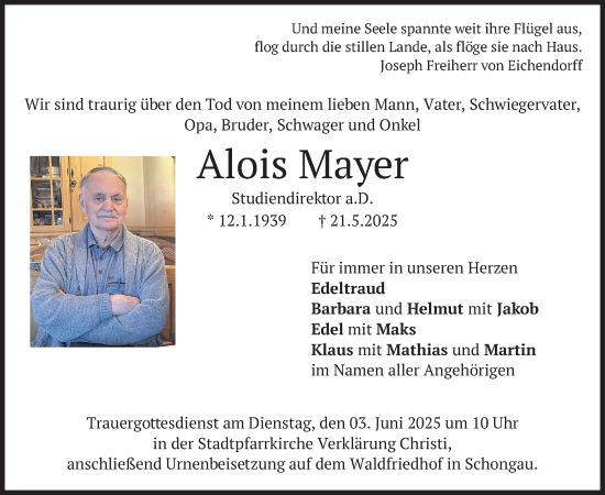 Todesanzeige von Alois Mayer von merkurtz