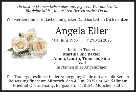 Todesanzeige von Angela Eller von merkurtz