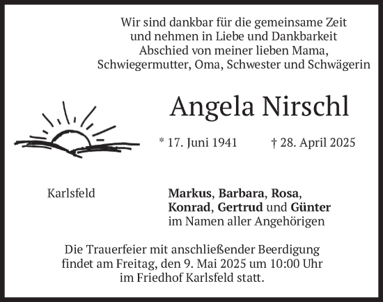 Todesanzeige von Angela Nirschl von merkurtz