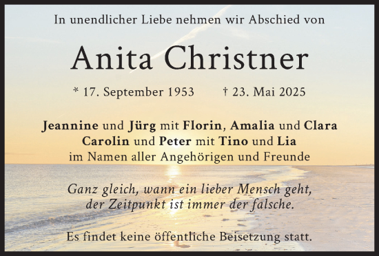 Todesanzeige von Anita Christner von merkurtz
