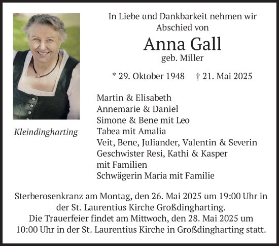 Todesanzeige von Anna Gall von merkurtz