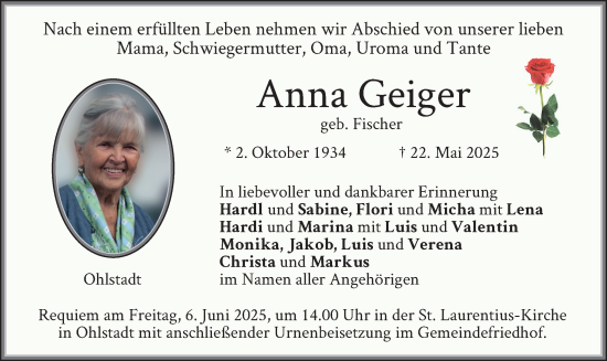 Todesanzeige von Anna Geiger von merkurtz