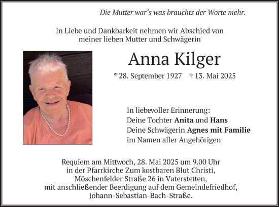 Todesanzeige von Anna Kilger von merkurtz