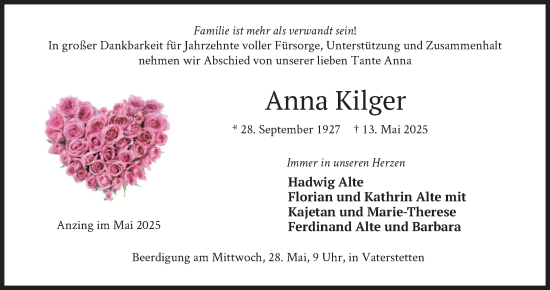 Todesanzeige von Anna Kilger von merkurtz
