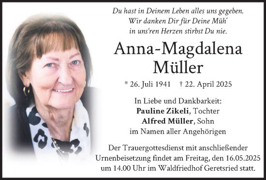 Todesanzeige von Anna-Magdalena Müller von merkurtz