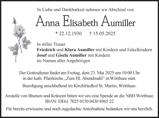 Todesanzeige von Anna Elisabeth Aumiller von merkurtz