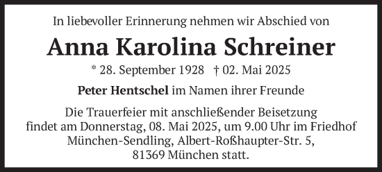 Todesanzeige von Anna Karolina Schreiner von merkurtz
