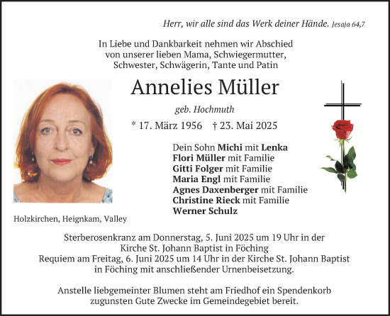 Todesanzeige von Annelies Müller von merkurtz