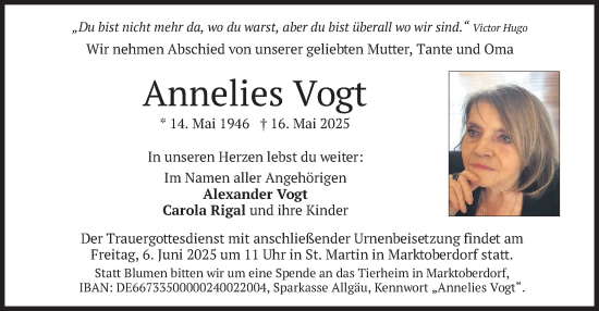 Todesanzeige von Annelies Vogt von merkurtz