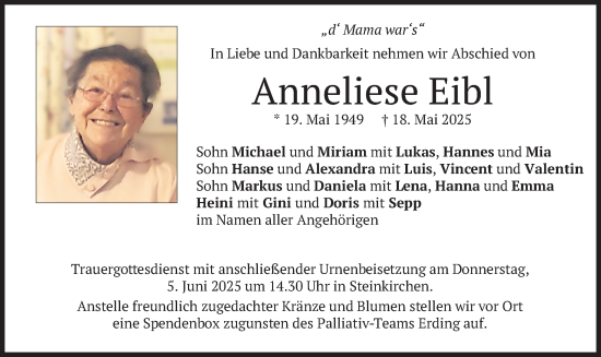 Todesanzeige von Anneliese Eibl von merkurtz