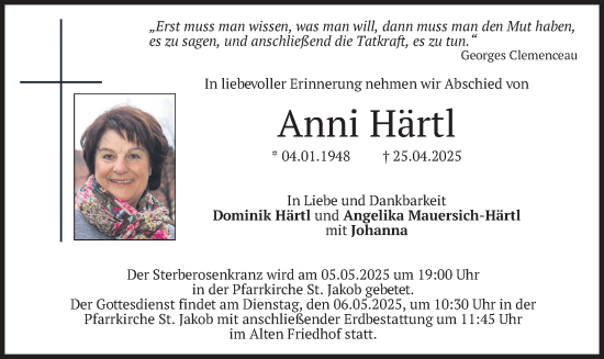 Todesanzeige von Anni Härtl von merkurtz