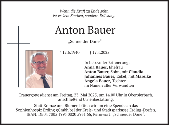 Todesanzeige von Anton Bauer von merkurtz