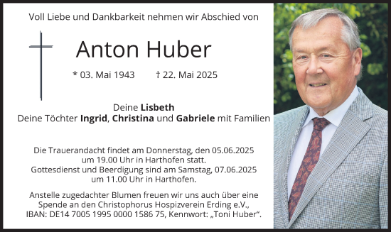 Todesanzeige von Anton Huber von merkurtz