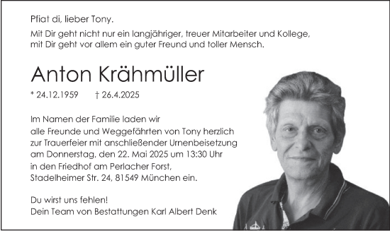 Todesanzeige von Anton Krähmüller von merkurtz