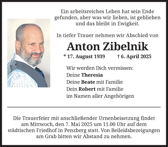 Todesanzeige von Anton Zibelnik von Das Gelbe Blatt Penzberg