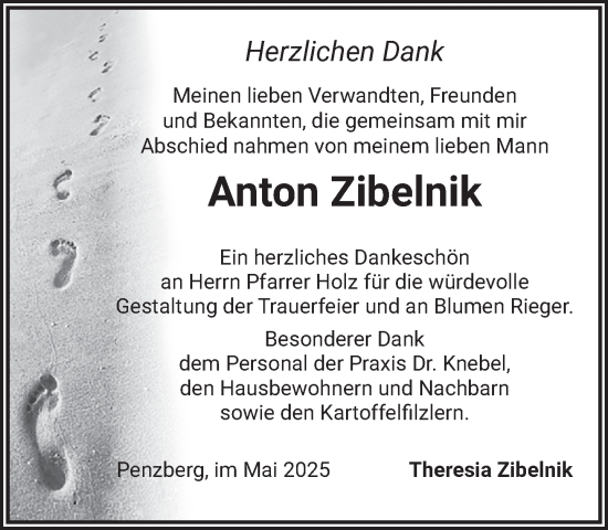 Todesanzeige von Anton Zibelnik von Das Gelbe Blatt Penzberg