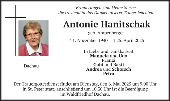 Todesanzeige von Antonie Hanitschak von merkurtz