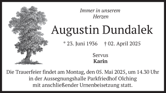 Todesanzeige von Augustin Dundalek von merkurtz